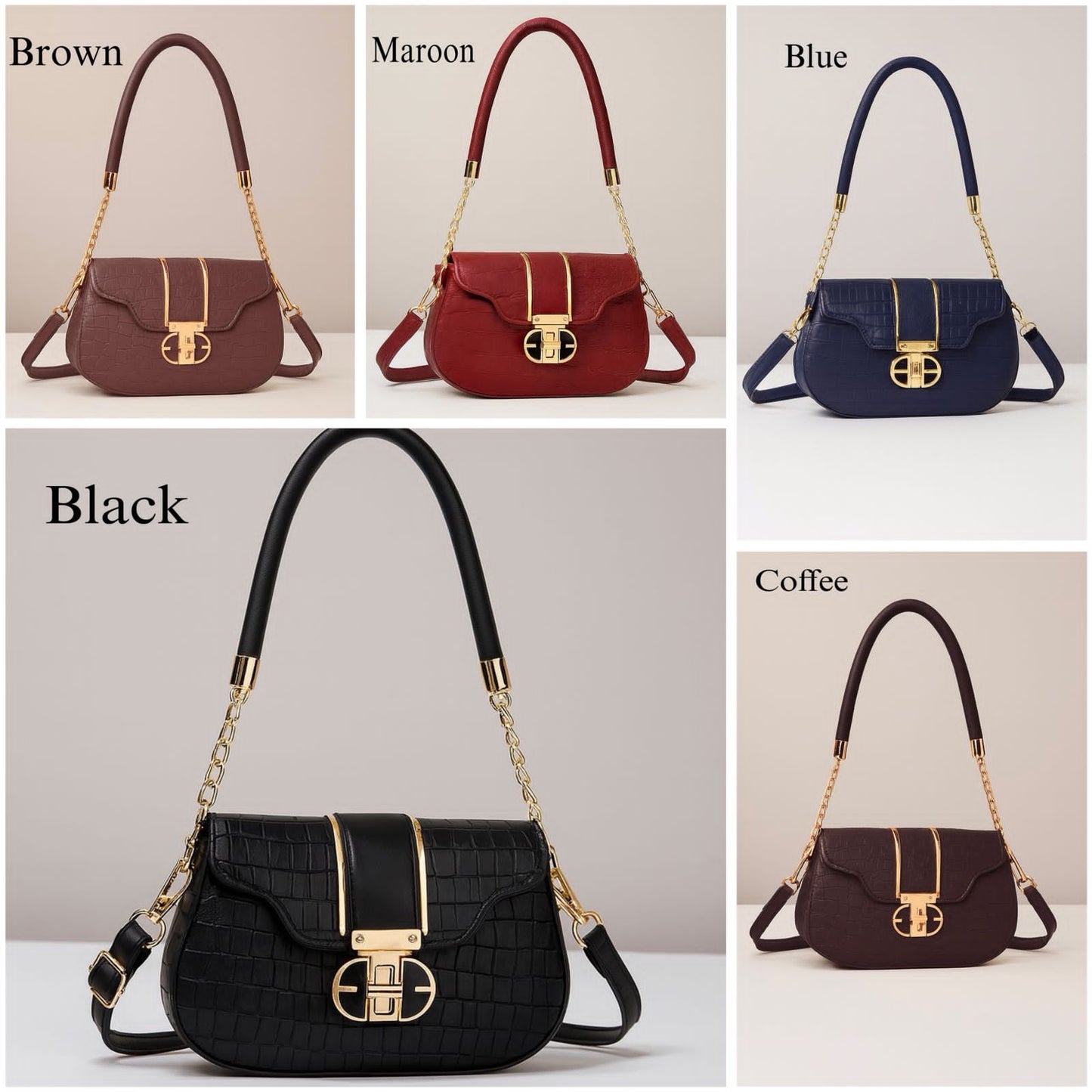 Premium Croc-Pattern Shoulder Bag with Gold Hardware