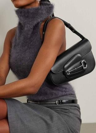 Black Shoulder Bag with Silver-Tone Horsebit Accent