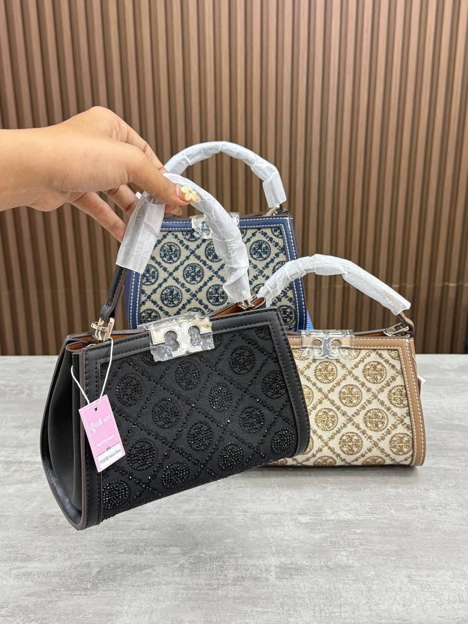 Trendy Top-Handle Bag in Monogram-Style Canvas and Quilted Crystal Variants