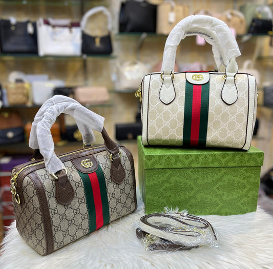 Classic Monogram Print Barrel Bag with Signature Web Stripe and Dual Handles