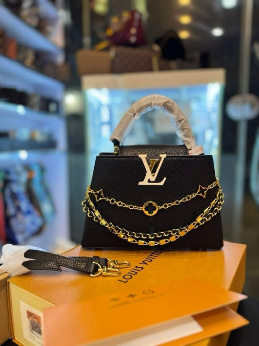 Designer-Inspired Structured Bag with V-Hardware and Decorative Chains