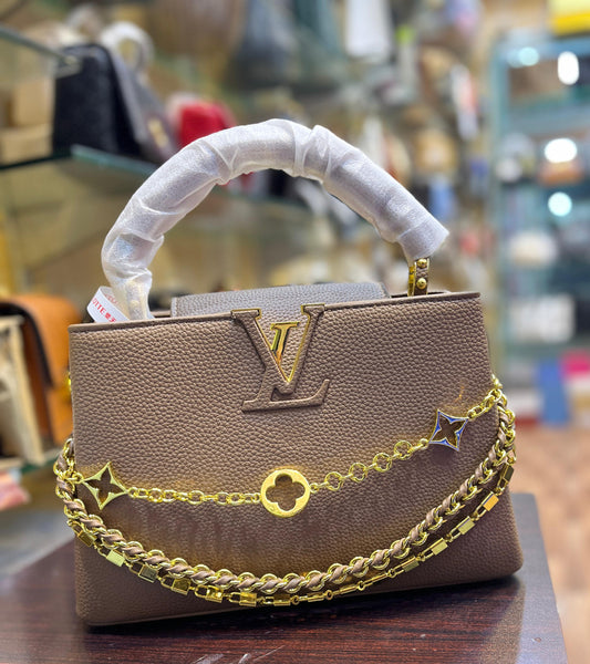 Designer-Inspired Structured Bag with V-Hardware and Decorative Chains