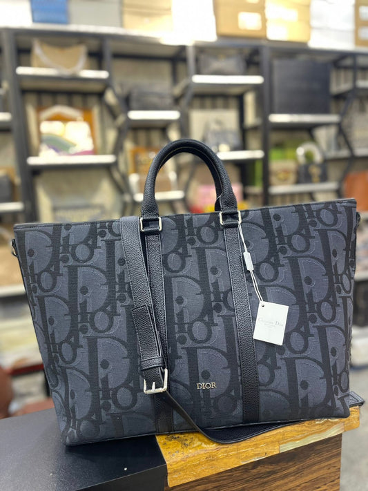 Large Monogram Canvas Weekender Tote – Charcoal & Black Travel Bag with Adjustable Strap