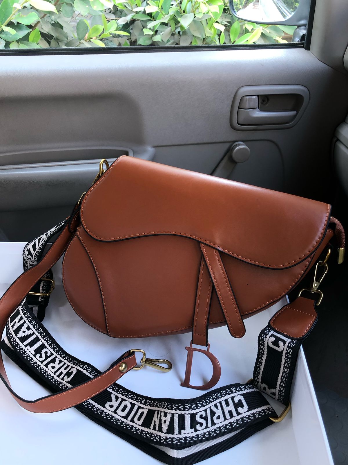 Curved Flap Handbag with Detachable Printed Strap