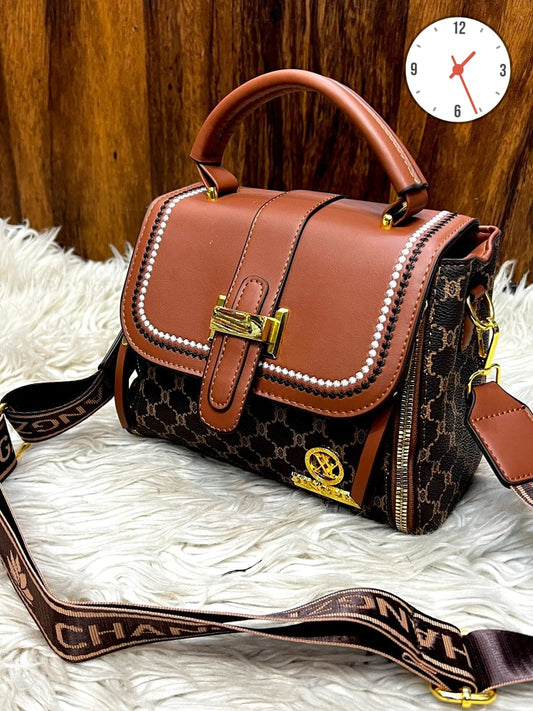 Elegant Two-Tone Structured Satchel with Unique Chain Detail