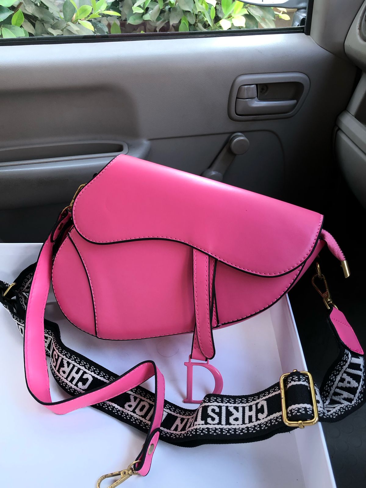 Curved Flap Handbag with Detachable Printed Strap