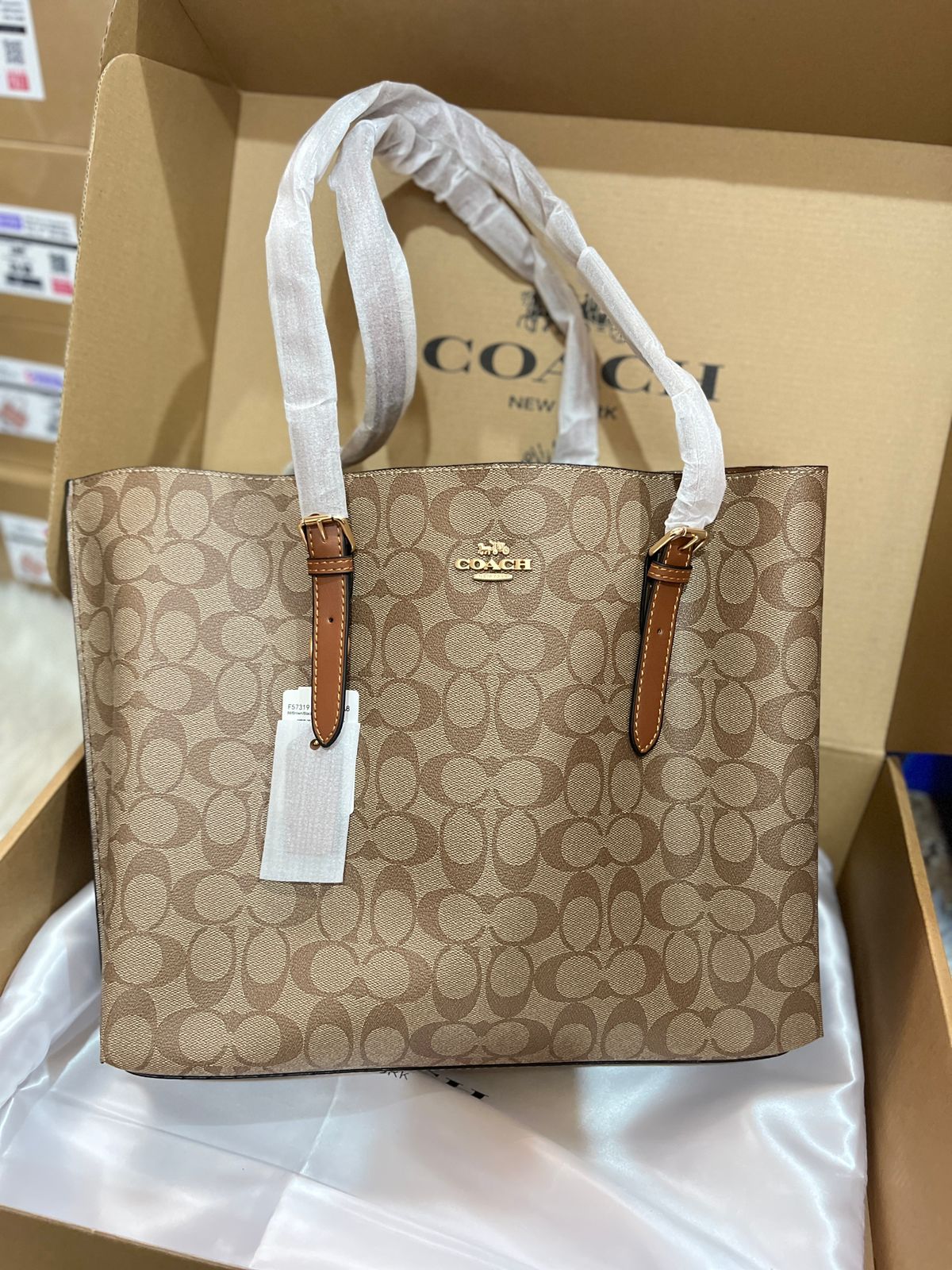 Signature Print Vertical Tote Bag with Leather Trim