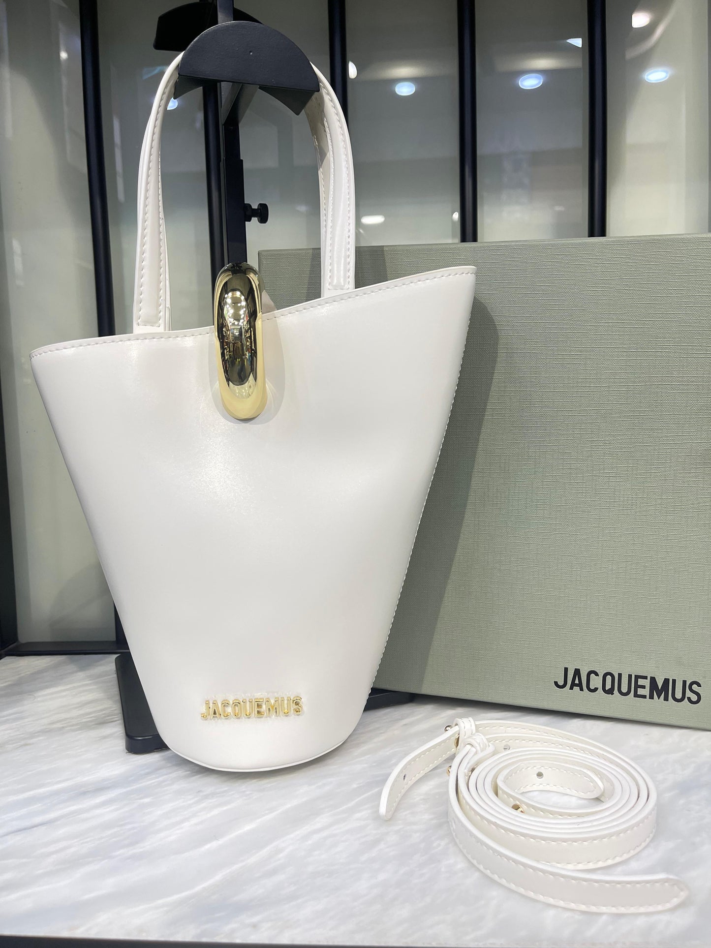 Sculptural Vegan Leather Bucket Bag with Gold Hardware Accent