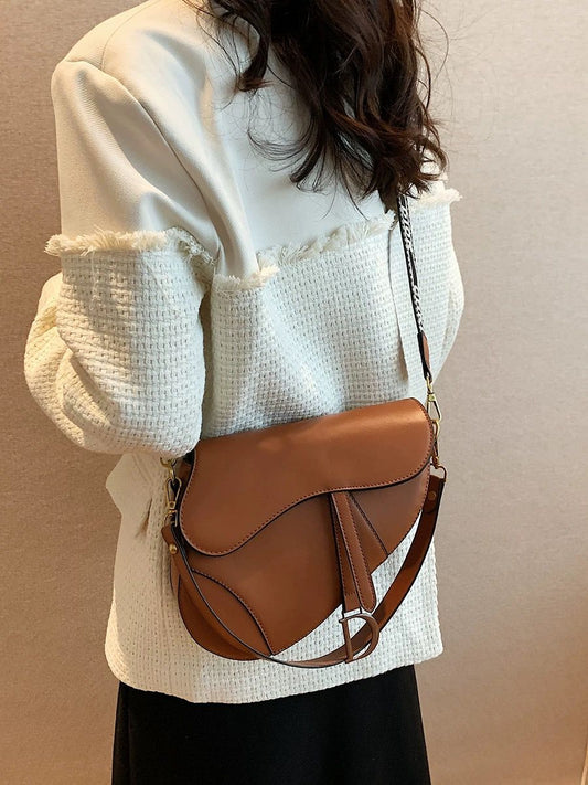 Curved Flap Handbag with Detachable Printed Strap