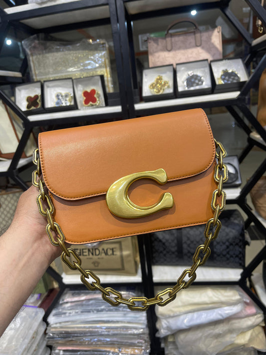 Luxury Smooth Leather Flap Shoulder Bag with Oversized Gold-Tone Hardware