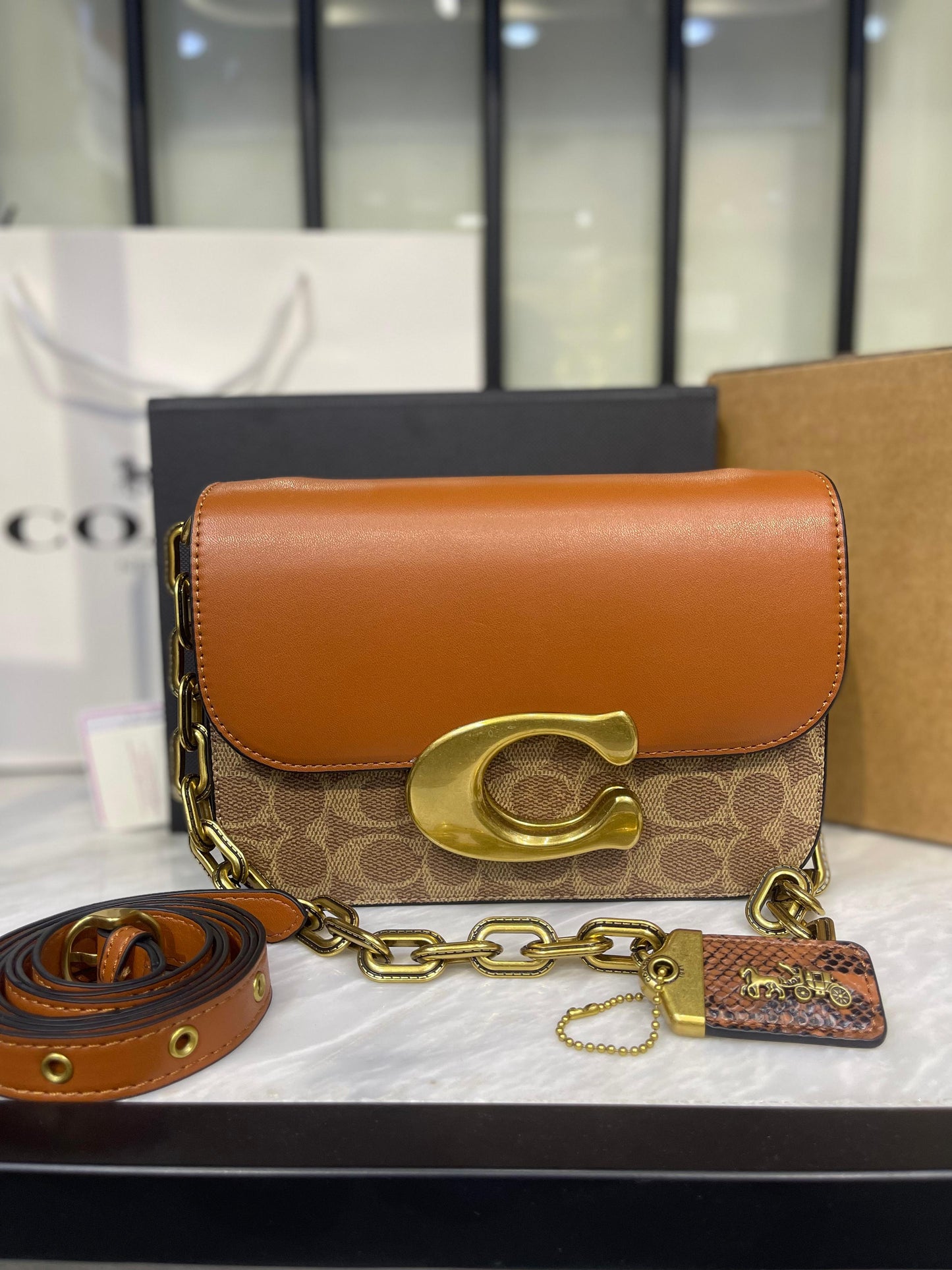 Luxury Smooth Leather Flap Shoulder Bag with Oversized Gold-Tone Hardware