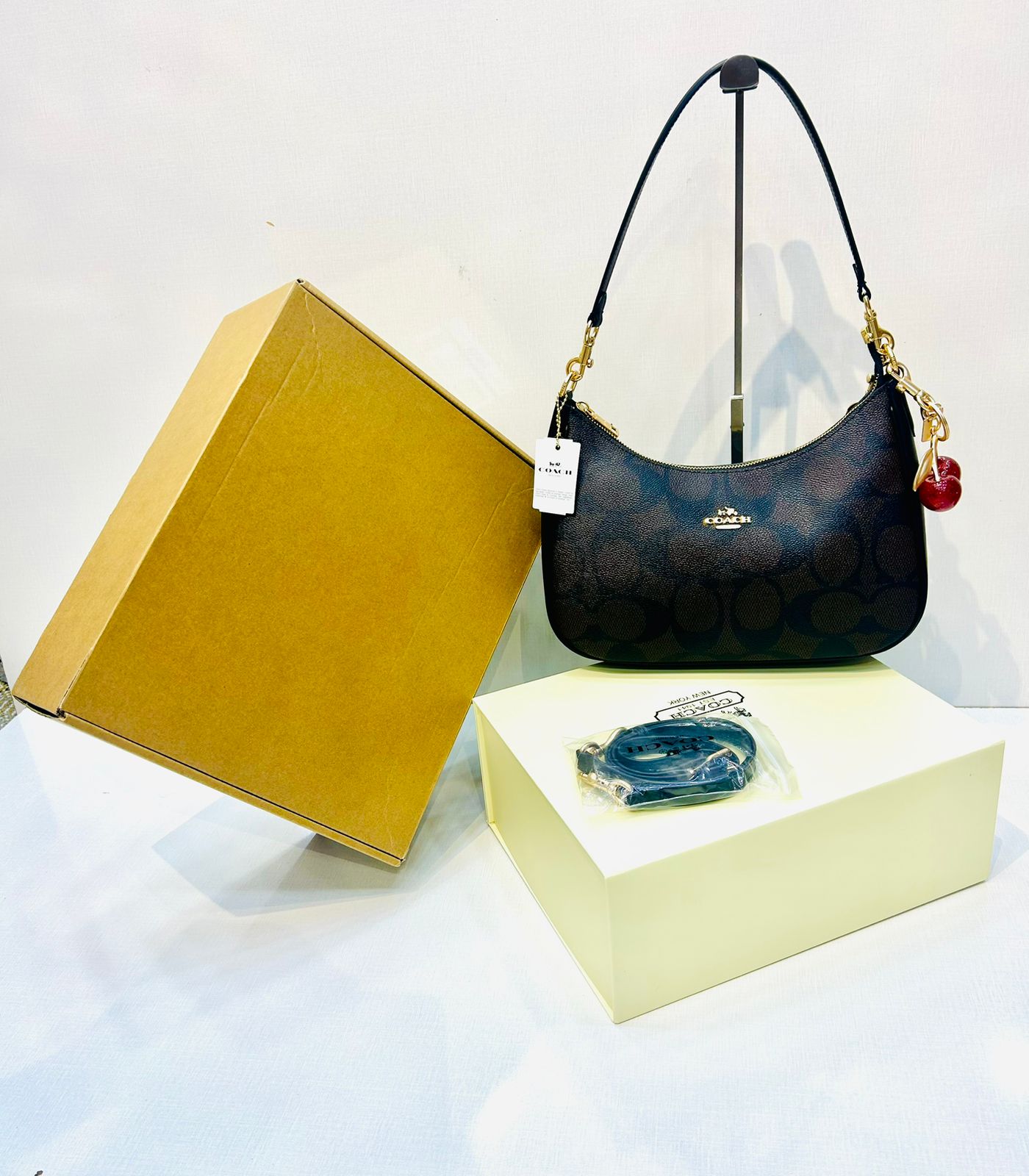 Signature Monogram Small Crescent Shoulder Bag with Cherry Charm