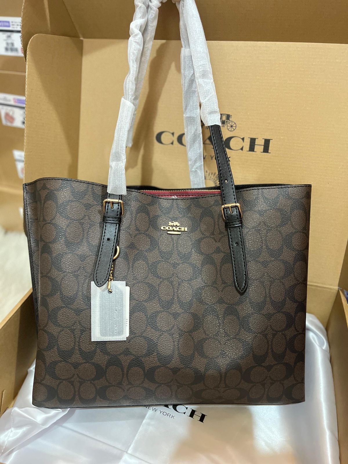 Signature Print Vertical Tote Bag with Leather Trim