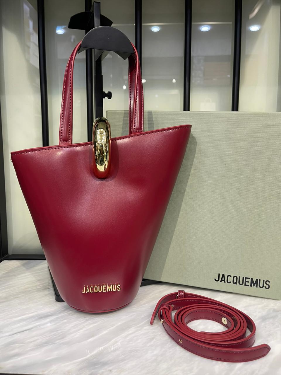 Sculptural Vegan Leather Bucket Bag with Gold Hardware Accent