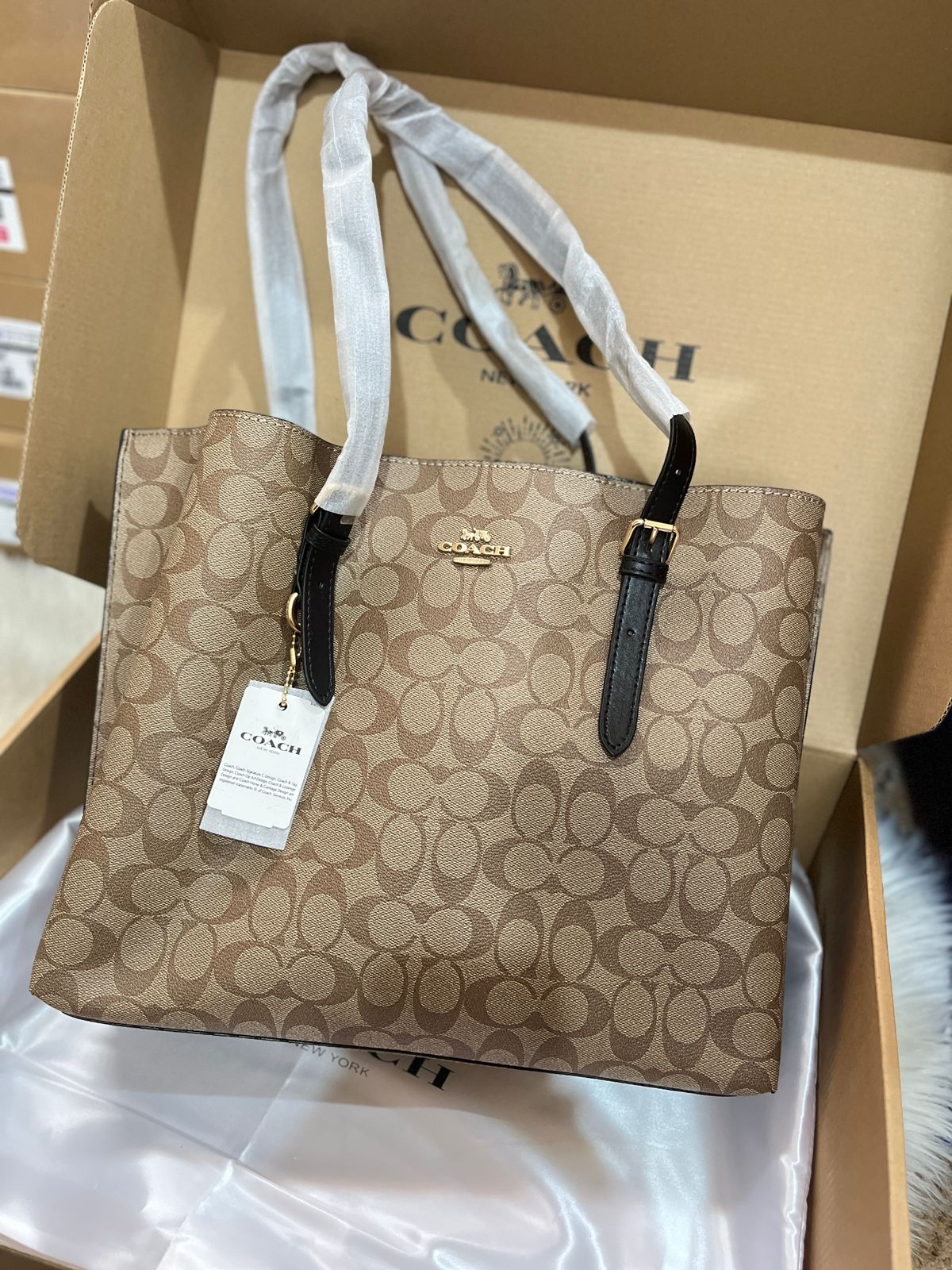 Signature Print Vertical Tote Bag with Leather Trim