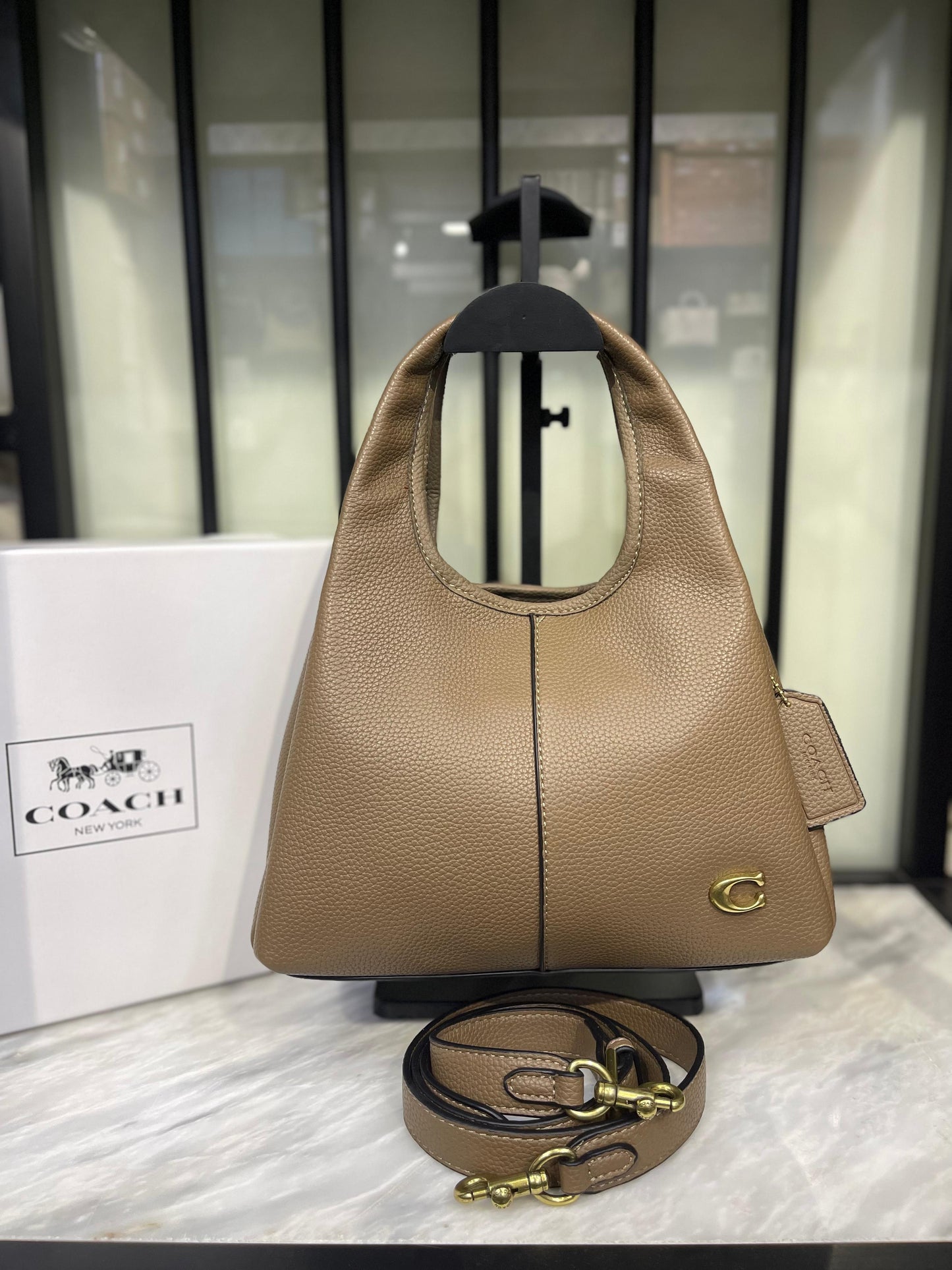 Taupe Pebbled Leather Small Hobo Handbag with Detachable Crossbody Strap